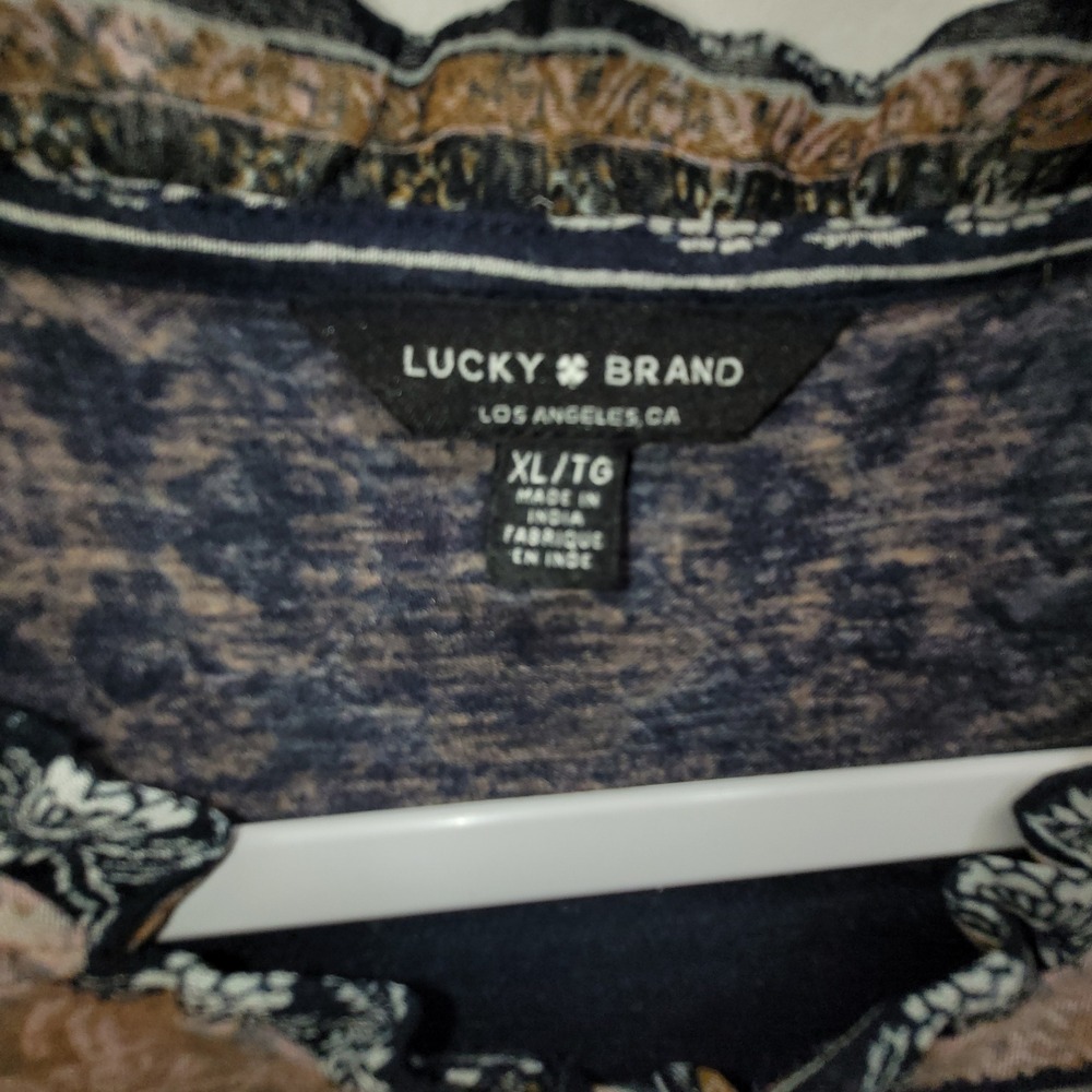 Lucky Brand Womens XL Mixed Border Print Boho Ruffle Tie Neck 3/4 Sleeve Blouse - Picture 2 of 11